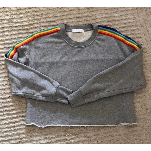 Spiritual Gangster Women’s Cropped Gray Sweatshirt Raw Rainbow Stripe Small EUC - Picture 2 of 6